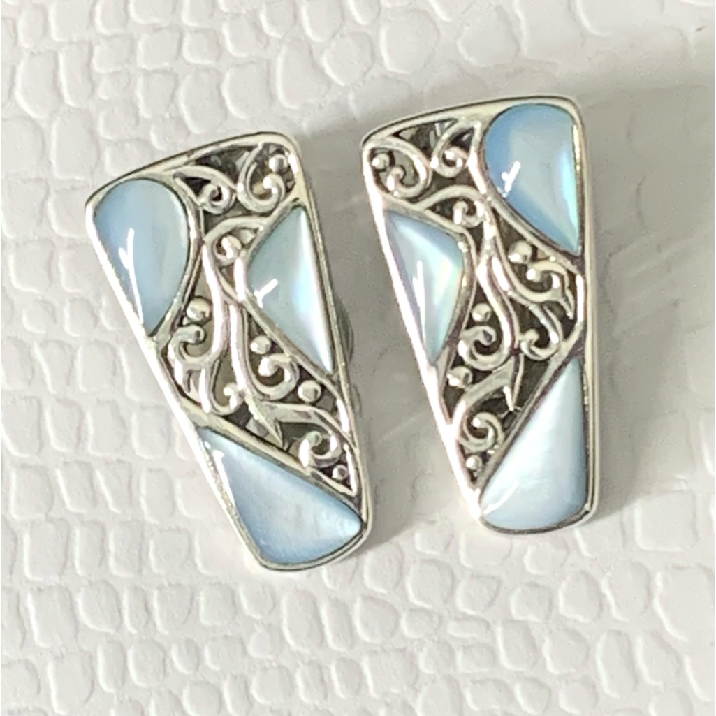 Rare - 925 Sterling Silver Filigree With Blue Mother Of Pearl Inlay Studs Earrin